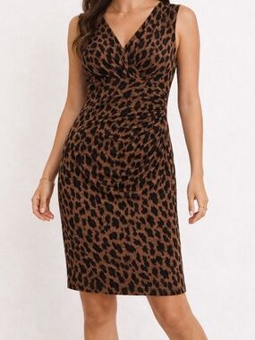 Lauren Ralph Lauren Leopard Sheath Dress Ruched V Neck Sleeveless Brown Size 2